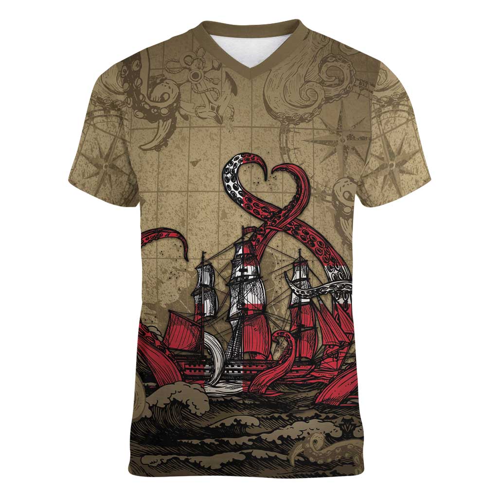 Danish Empire Women V-Neck T-Shirt Denmark Norway Union And Kraken - Wonder Print Shop