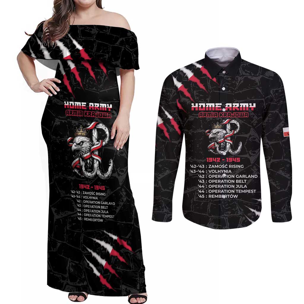 Personalized Poland Home Army Couples Matching Off Shoulder Maxi Dress and Long Sleeve Button Shirt Armia Krajowa 1942 To 1945