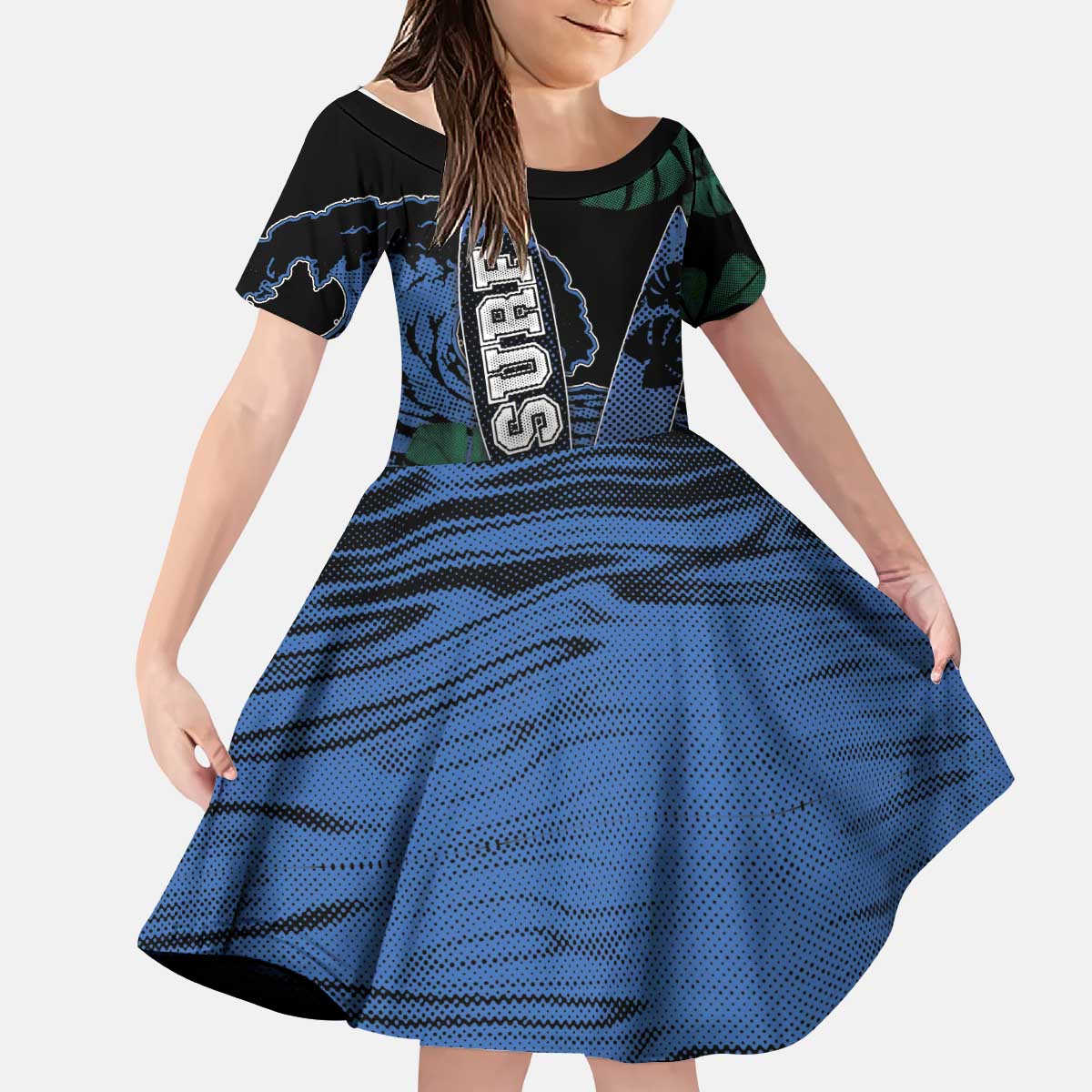 Custom Surfing Kid Short Sleeve Dress Retro Waves Dot Halftone