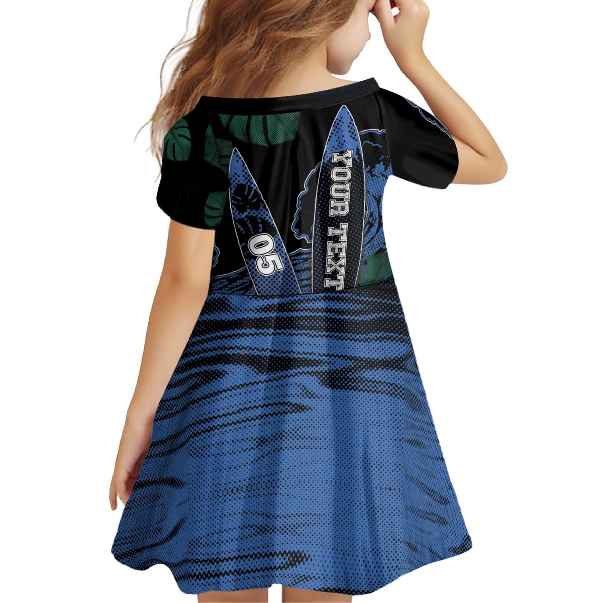 Custom Surfing Kid Short Sleeve Dress Retro Waves Dot Halftone