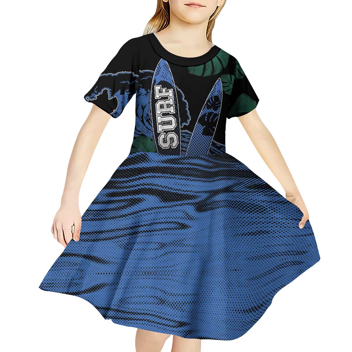 Custom Surfing Kid Short Sleeve Dress Retro Waves Dot Halftone