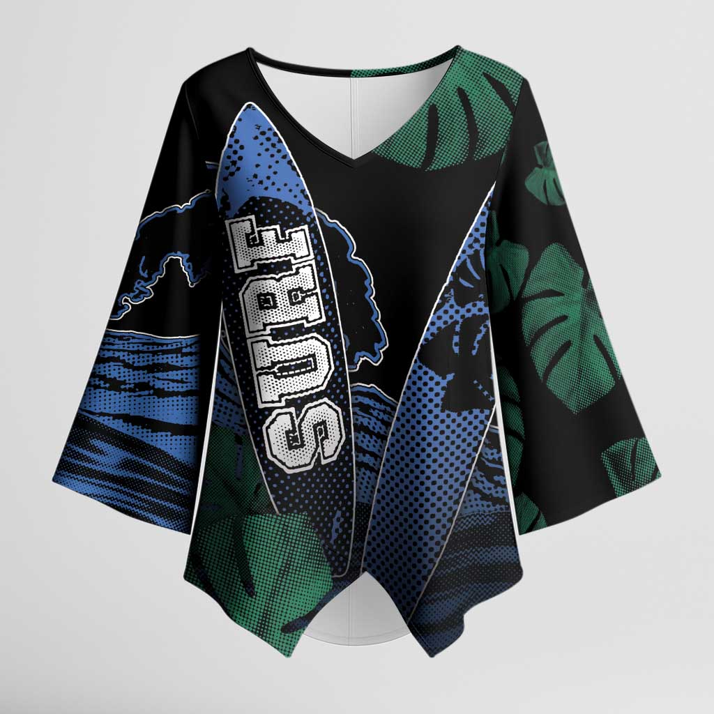 Custom Surfing Kimono Sleeve Blouse Retro Waves Dot Halftone