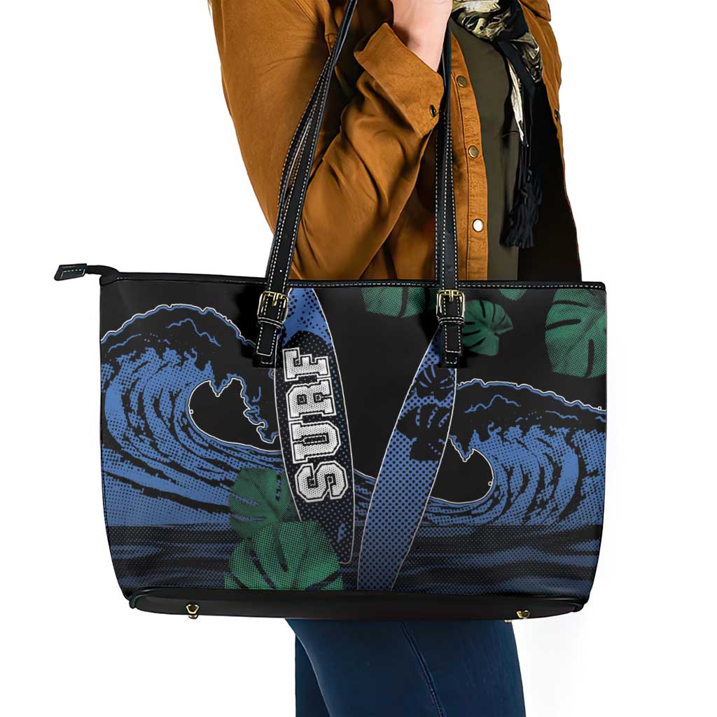 Surfing Leather Tote Bag Retro Waves Dot Halftone