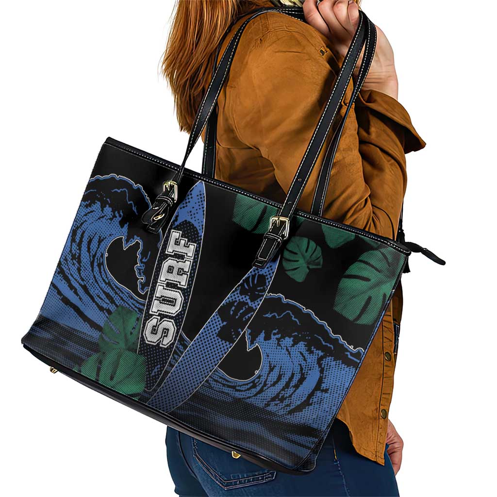 Surfing Leather Tote Bag Retro Waves Dot Halftone