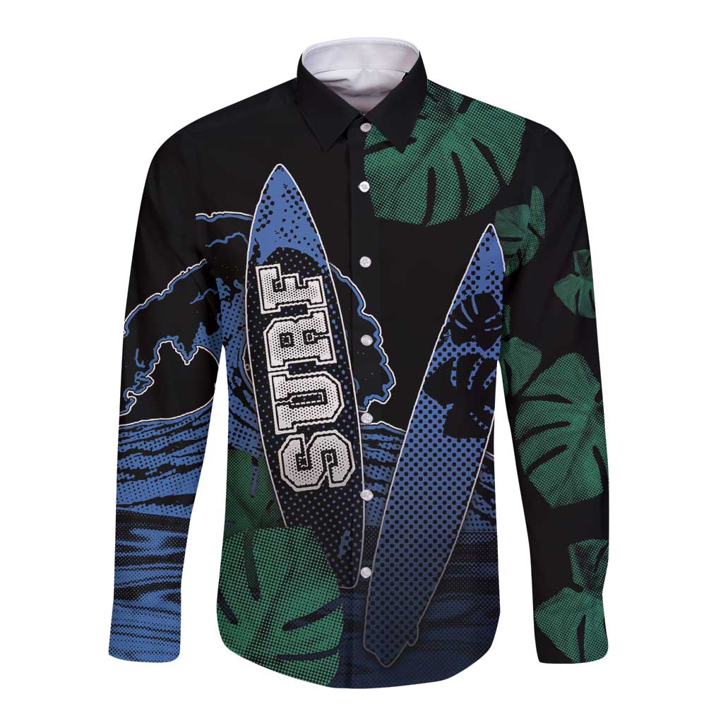 Custom Surfing Long Sleeve Button Shirt Retro Waves Dot Halftone