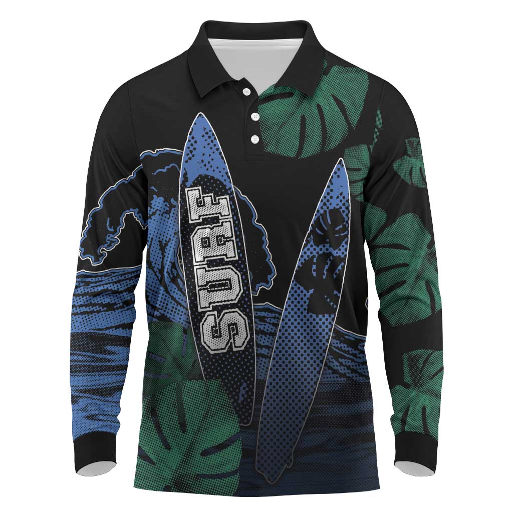 Custom Surfing Long Sleeve Polo Shirt Retro Waves Dot Halftone