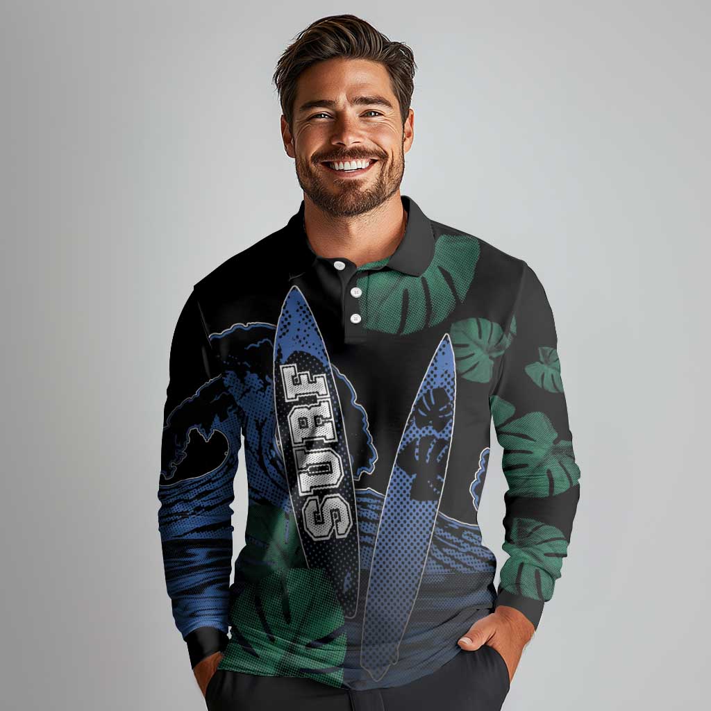 Custom Surfing Long Sleeve Polo Shirt Retro Waves Dot Halftone