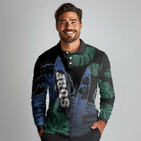 Custom Surfing Long Sleeve Polo Shirt Retro Waves Dot Halftone