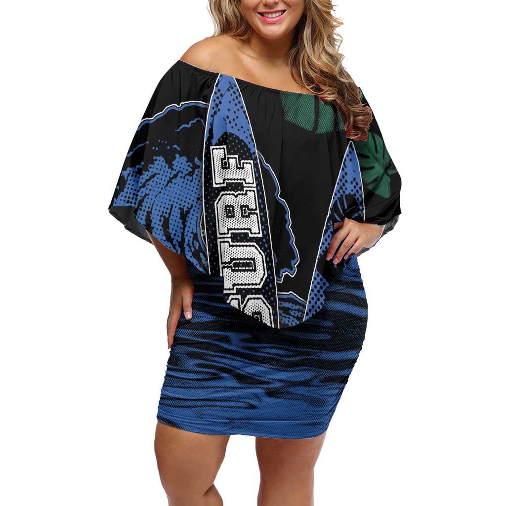 Custom Surfing Off Shoulder Short Dress Retro Waves Dot Halftone