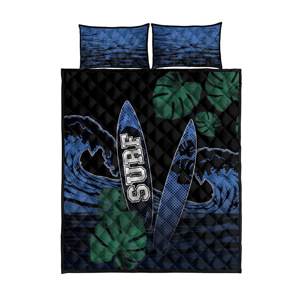 Surfing Quilt Bed Set Retro Waves Dot Halftone