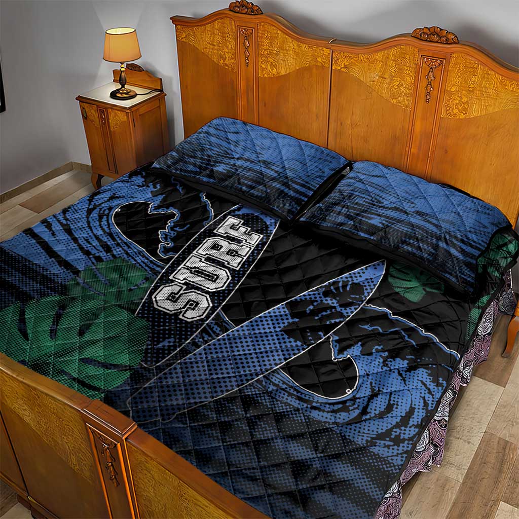 Surfing Quilt Bed Set Retro Waves Dot Halftone