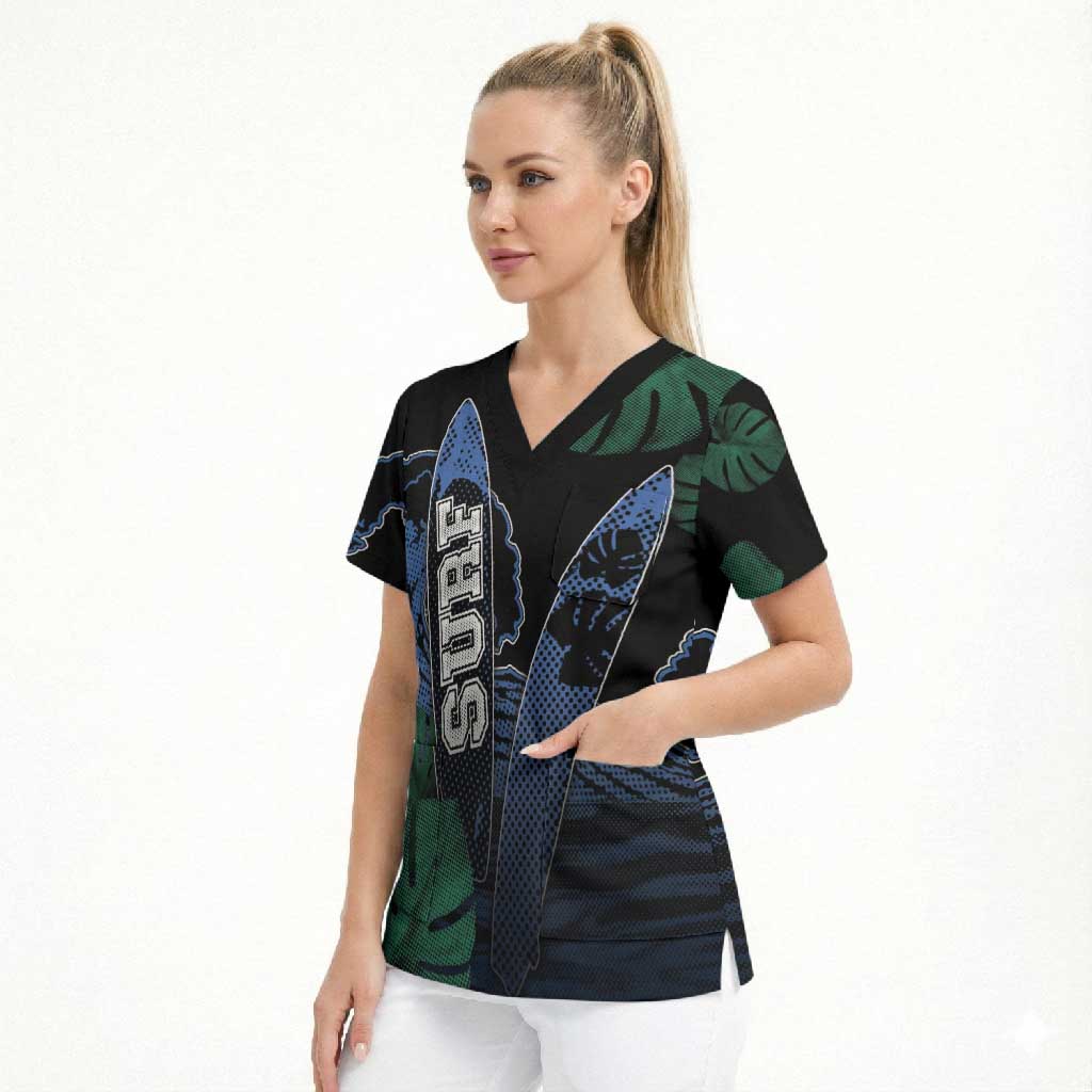 Custom Surfing Scrub Top Retro Waves Dot Halftone