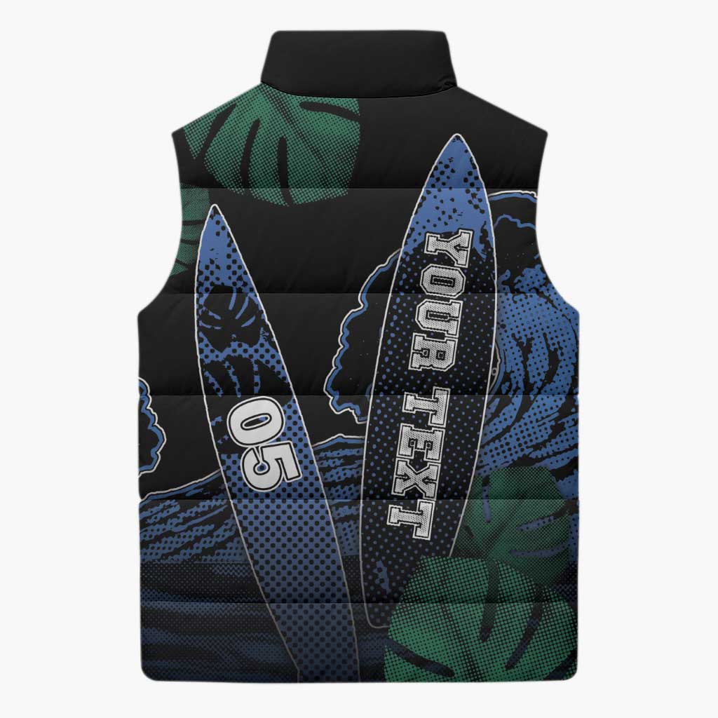 Custom Surfing Sleeveless Puffer Jacket Retro Waves Dot Halftone
