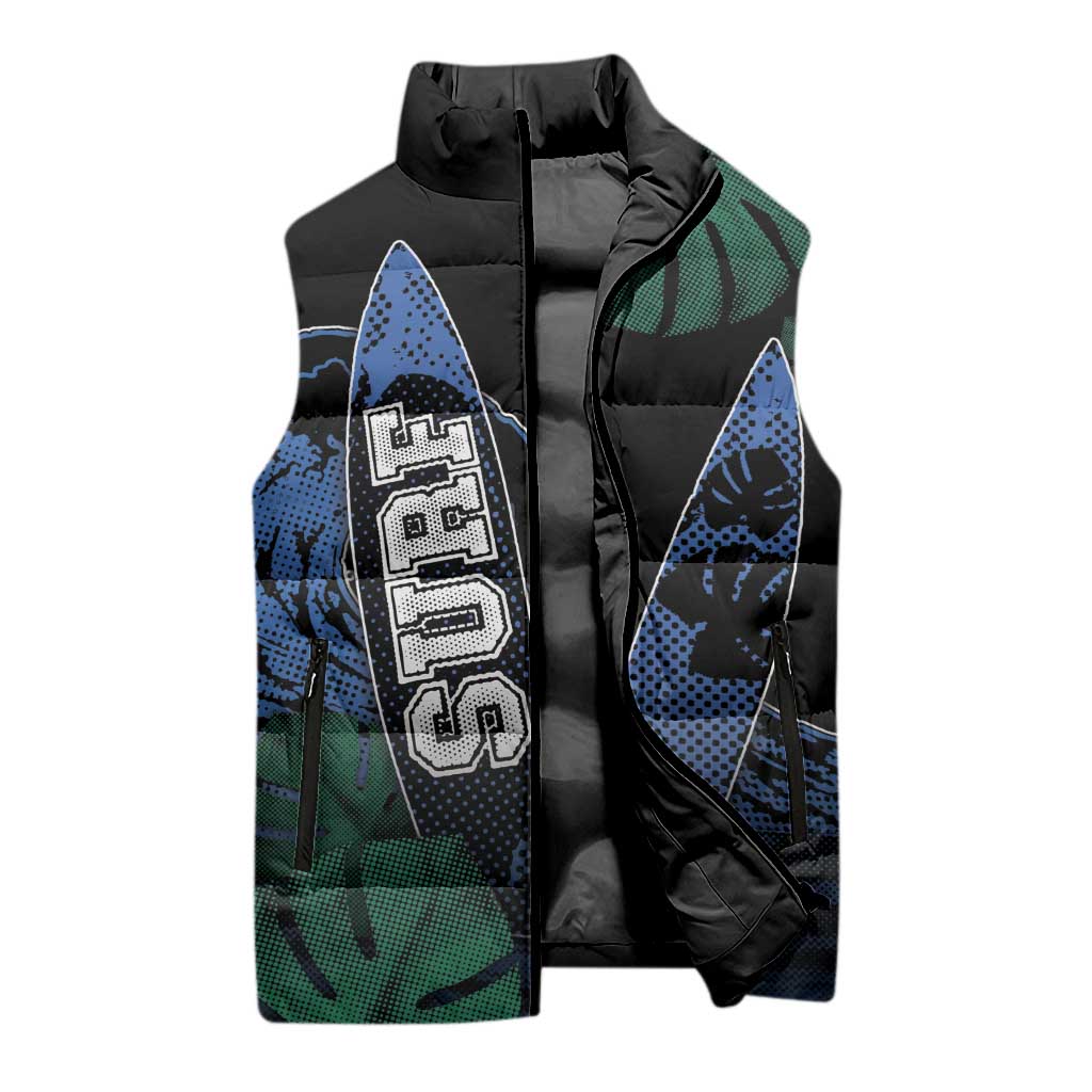 Custom Surfing Sleeveless Puffer Jacket Retro Waves Dot Halftone