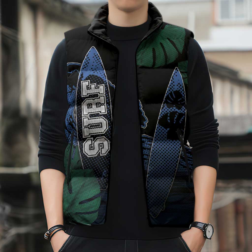 Custom Surfing Sleeveless Puffer Jacket Retro Waves Dot Halftone