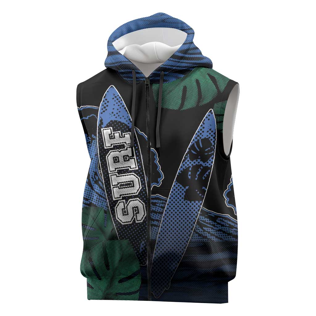 Custom Surfing Sleeveless Zip Hoodie Retro Waves Dot Halftone