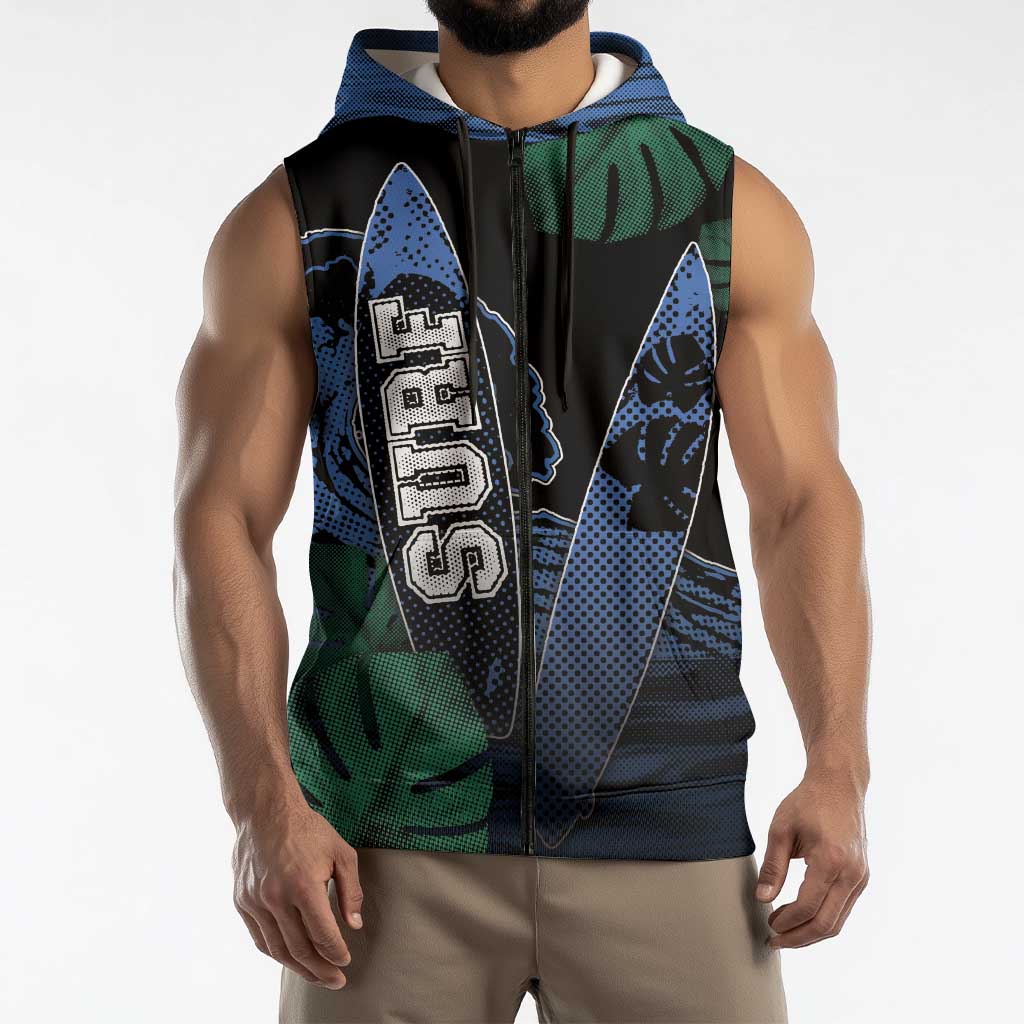Custom Surfing Sleeveless Zip Hoodie Retro Waves Dot Halftone