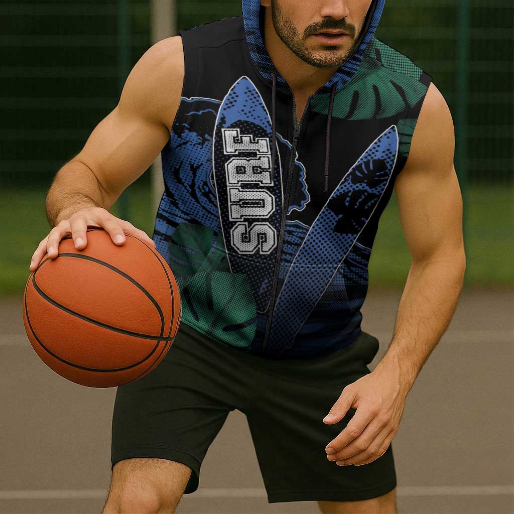 Custom Surfing Sleeveless Zip Hoodie Retro Waves Dot Halftone