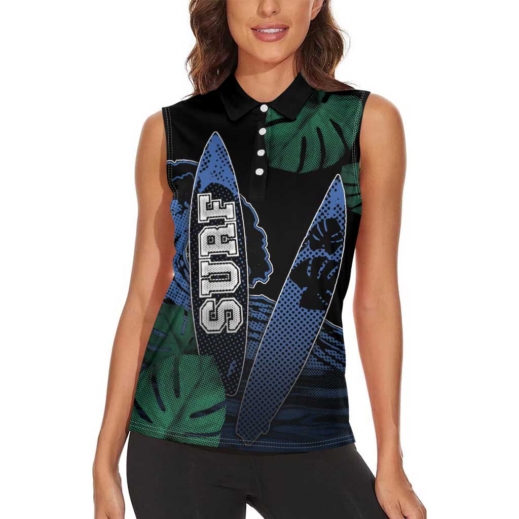 Custom Surfing Women Sleeveless Polo Shirt Retro Waves Dot Halftone