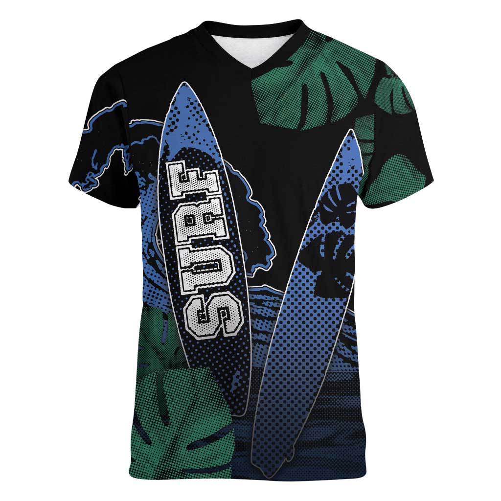 Custom Surfing Women V-Neck T-Shirt Retro Waves Dot Halftone