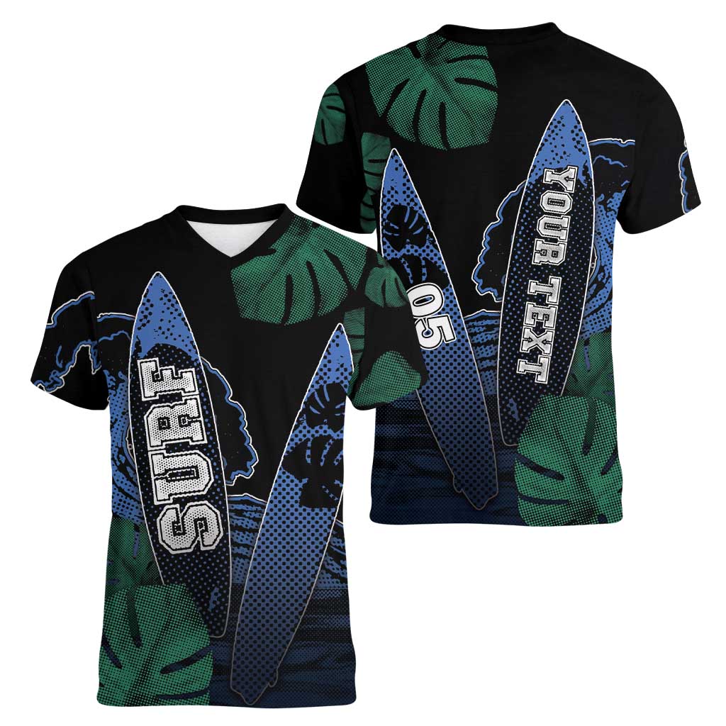 Custom Surfing Women V-Neck T-Shirt Retro Waves Dot Halftone