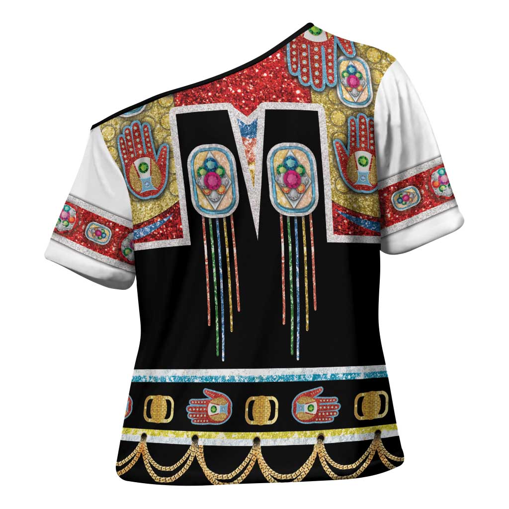 Vintage Rock Star Costume Cross Shoulder Shirt Rhinestone Inspired Glam Rock Stage Outfit