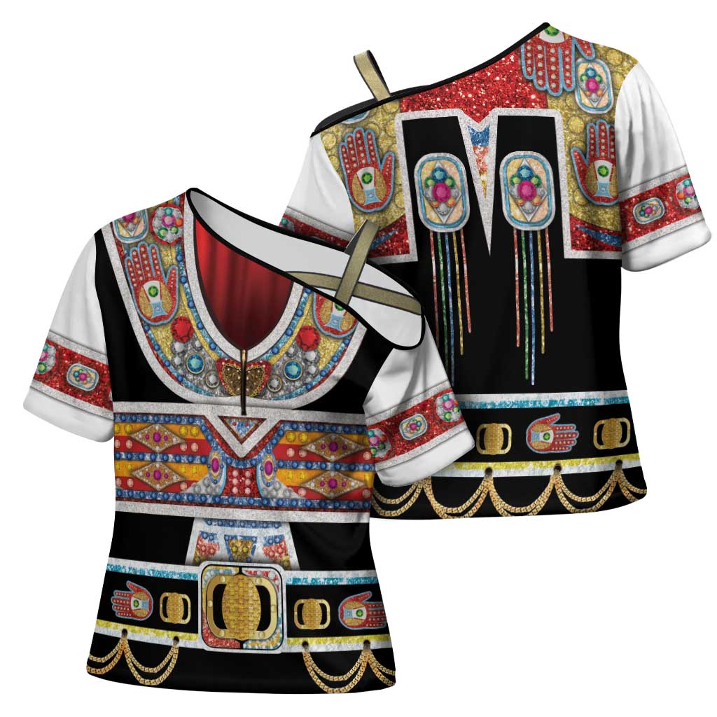Vintage Rock Star Costume Cross Shoulder Shirt Rhinestone Inspired Glam Rock Stage Outfit
