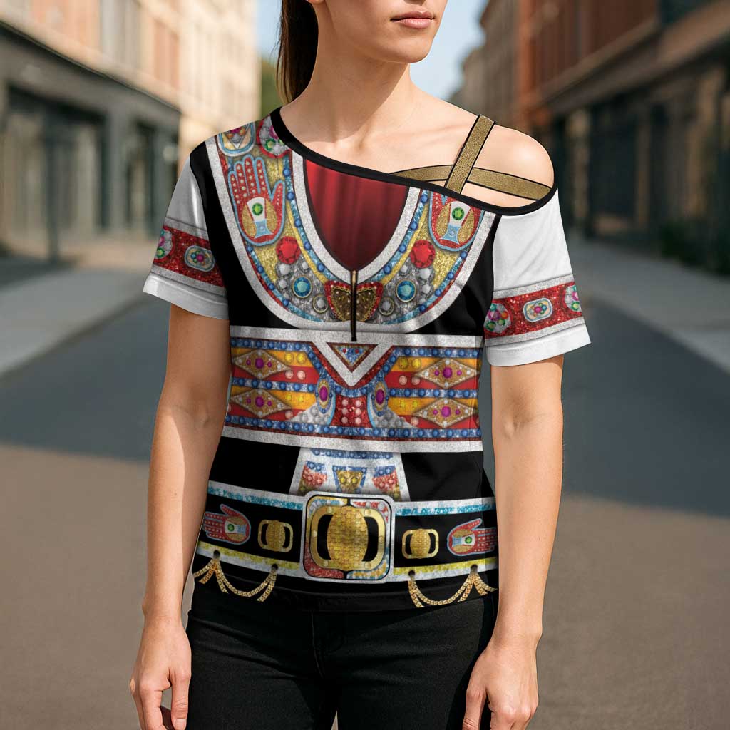 Vintage Rock Star Costume Cross Shoulder Shirt Rhinestone Inspired Glam Rock Stage Outfit