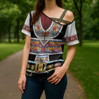 Vintage Rock Star Costume Cross Shoulder Shirt Rhinestone Inspired Glam Rock Stage Outfit