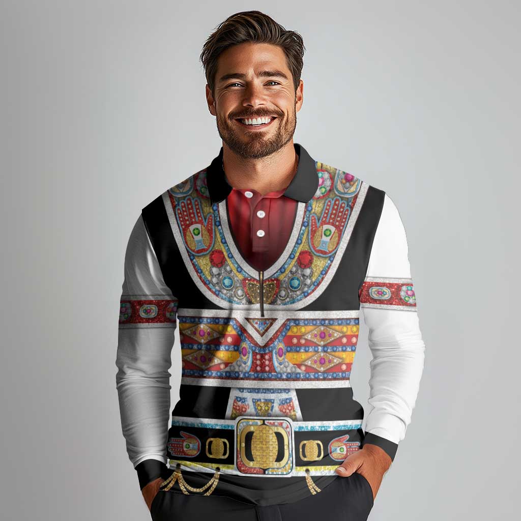 Vintage Rock Star Costume Long Sleeve Polo Shirt Rhinestone Inspired Glam Rock Stage Outfit