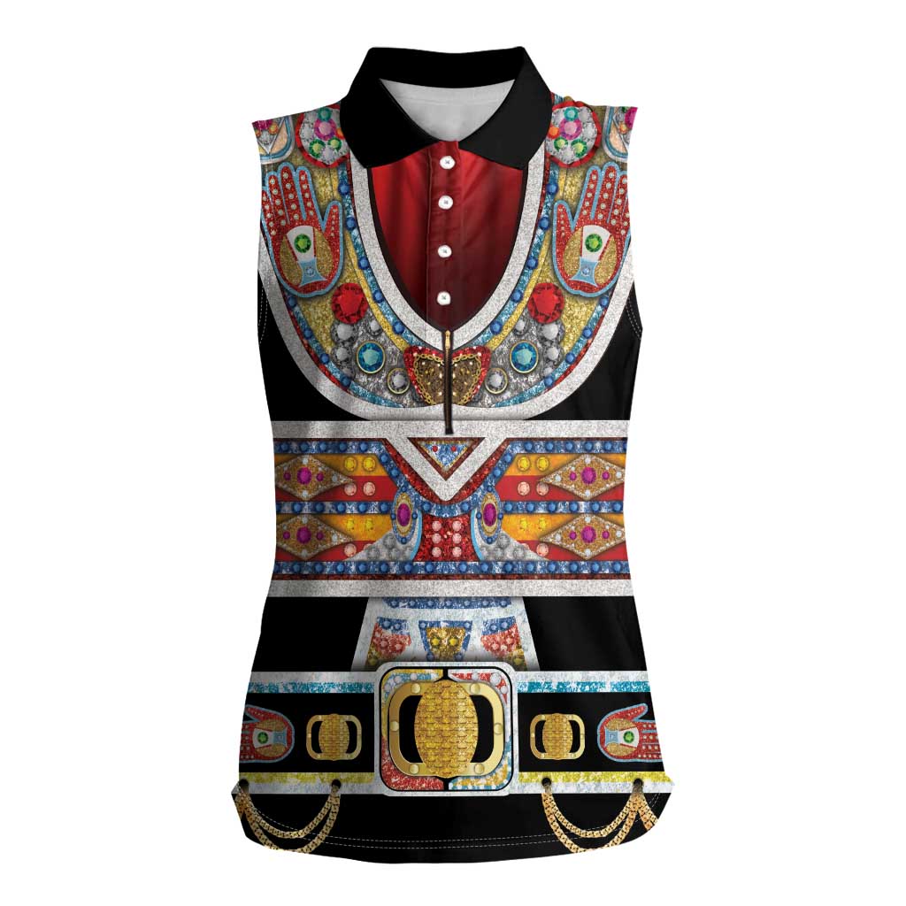 Vintage Rock Star Costume Women Sleeveless Polo Shirt Rhinestone Inspired Glam Rock Stage Outfit