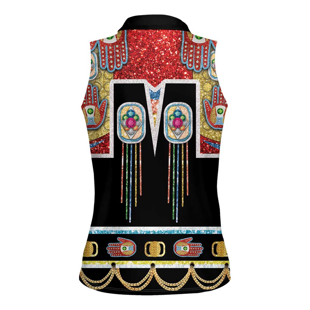Vintage Rock Star Costume Women Sleeveless Polo Shirt Rhinestone Inspired Glam Rock Stage Outfit