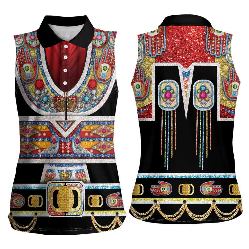 Vintage Rock Star Costume Women Sleeveless Polo Shirt Rhinestone Inspired Glam Rock Stage Outfit