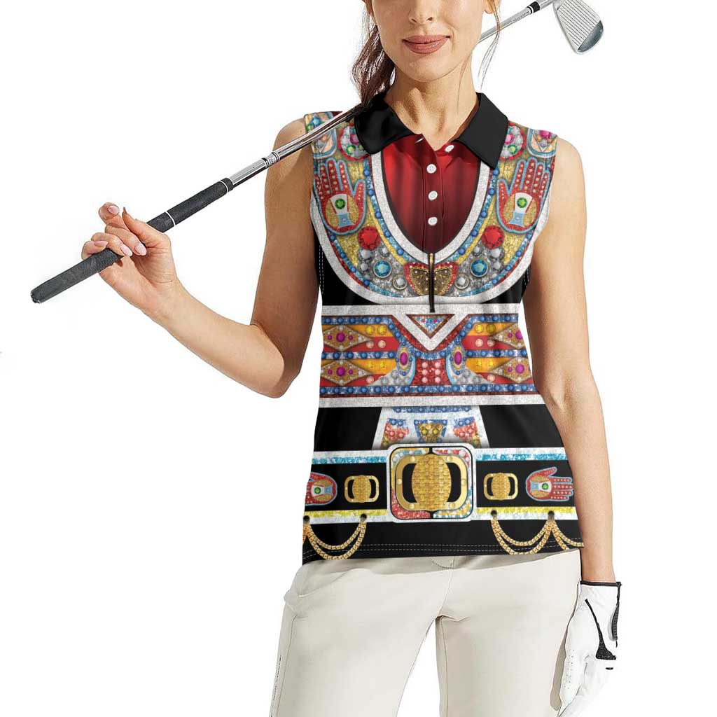Vintage Rock Star Costume Women Sleeveless Polo Shirt Rhinestone Inspired Glam Rock Stage Outfit
