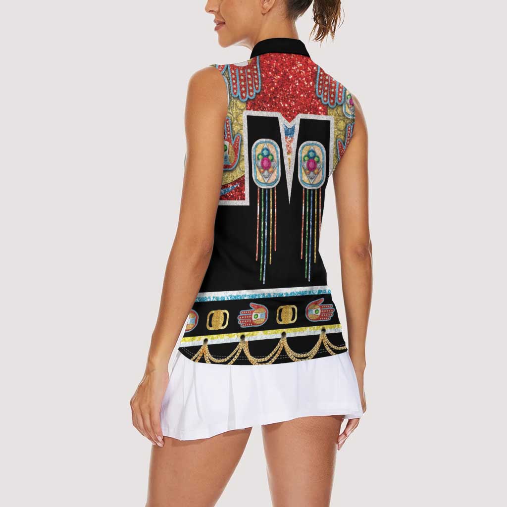 Vintage Rock Star Costume Women Sleeveless Polo Shirt Rhinestone Inspired Glam Rock Stage Outfit