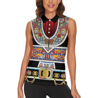 Vintage Rock Star Costume Women Sleeveless Polo Shirt Rhinestone Inspired Glam Rock Stage Outfit