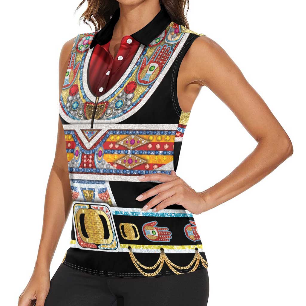 Vintage Rock Star Costume Women Sleeveless Polo Shirt Rhinestone Inspired Glam Rock Stage Outfit