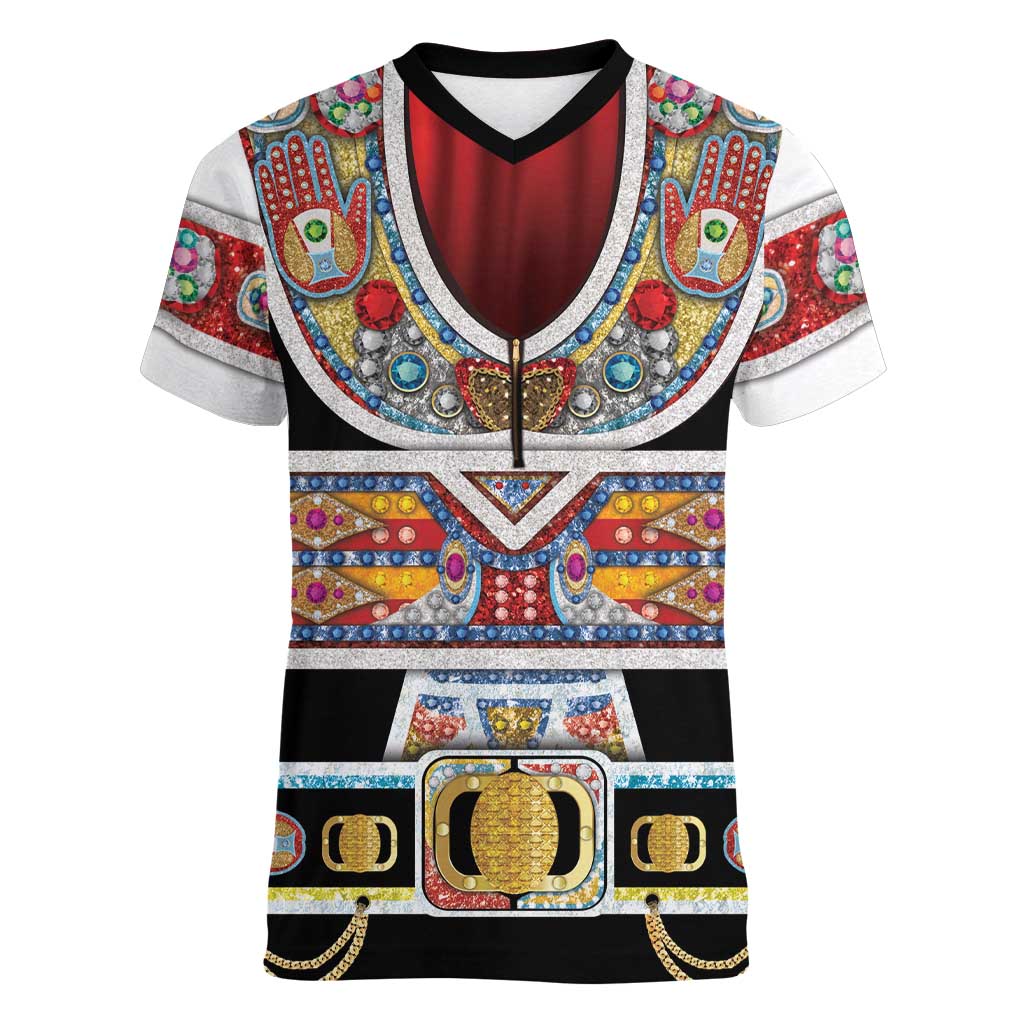 Vintage Rock Star Costume Women V-Neck T-Shirt Rhinestone Inspired Glam Rock Stage Outfit