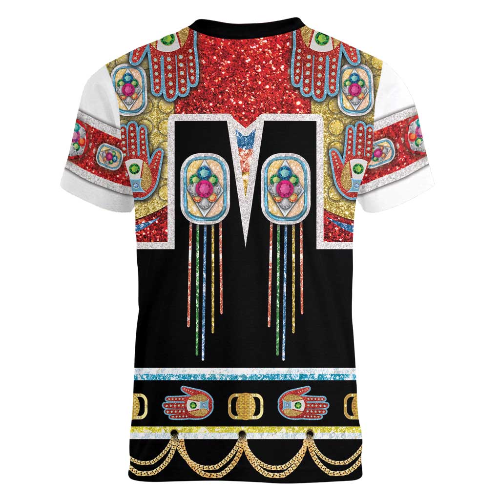 Vintage Rock Star Costume Women V-Neck T-Shirt Rhinestone Inspired Glam Rock Stage Outfit