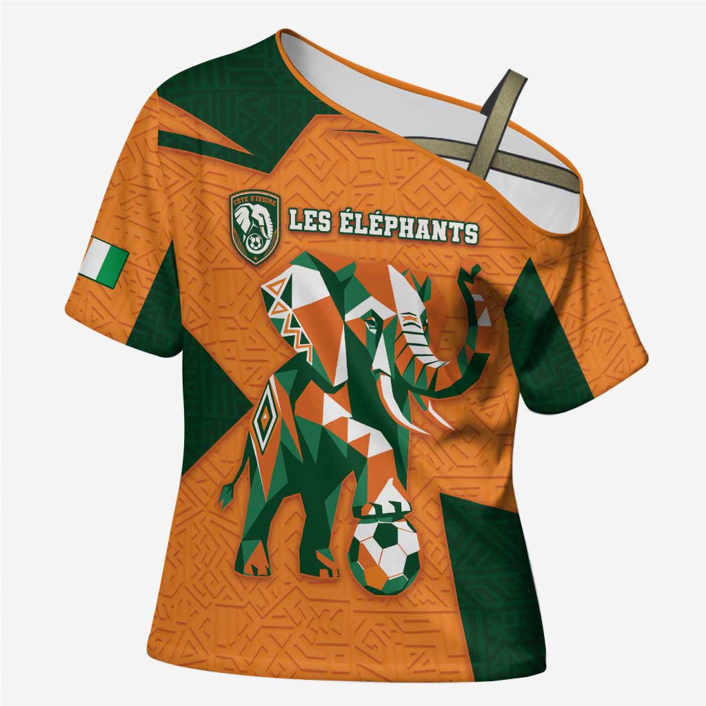 Custom Ivory Coast Football Cross Shoulder Shirt Elephant Geometric African Art Style