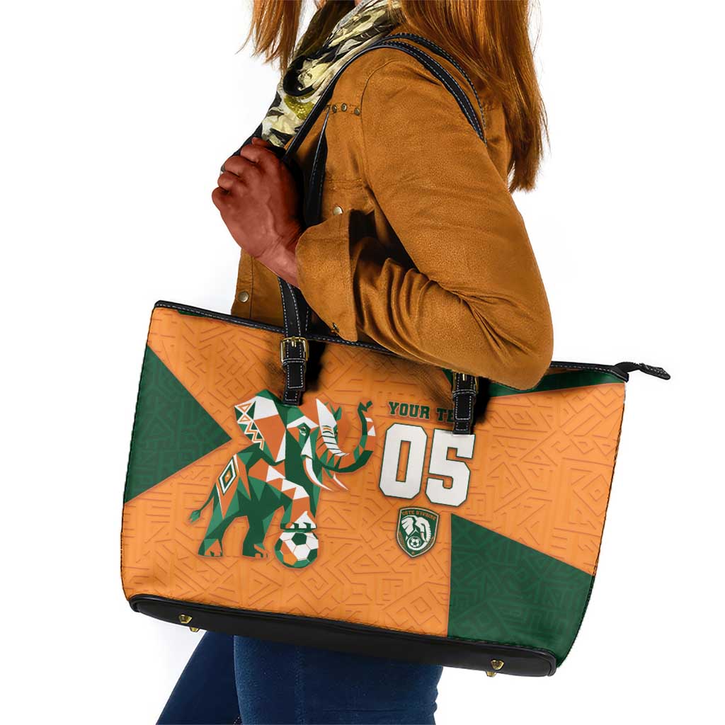 Custom Ivory Coast Football Leather Tote Bag Elephant Geometric African Art Style