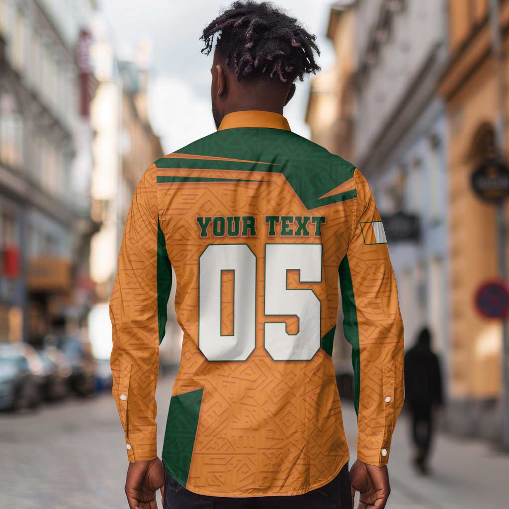 Custom Ivory Coast Football Long Sleeve Button Shirt Elephant Geometric African Art Style