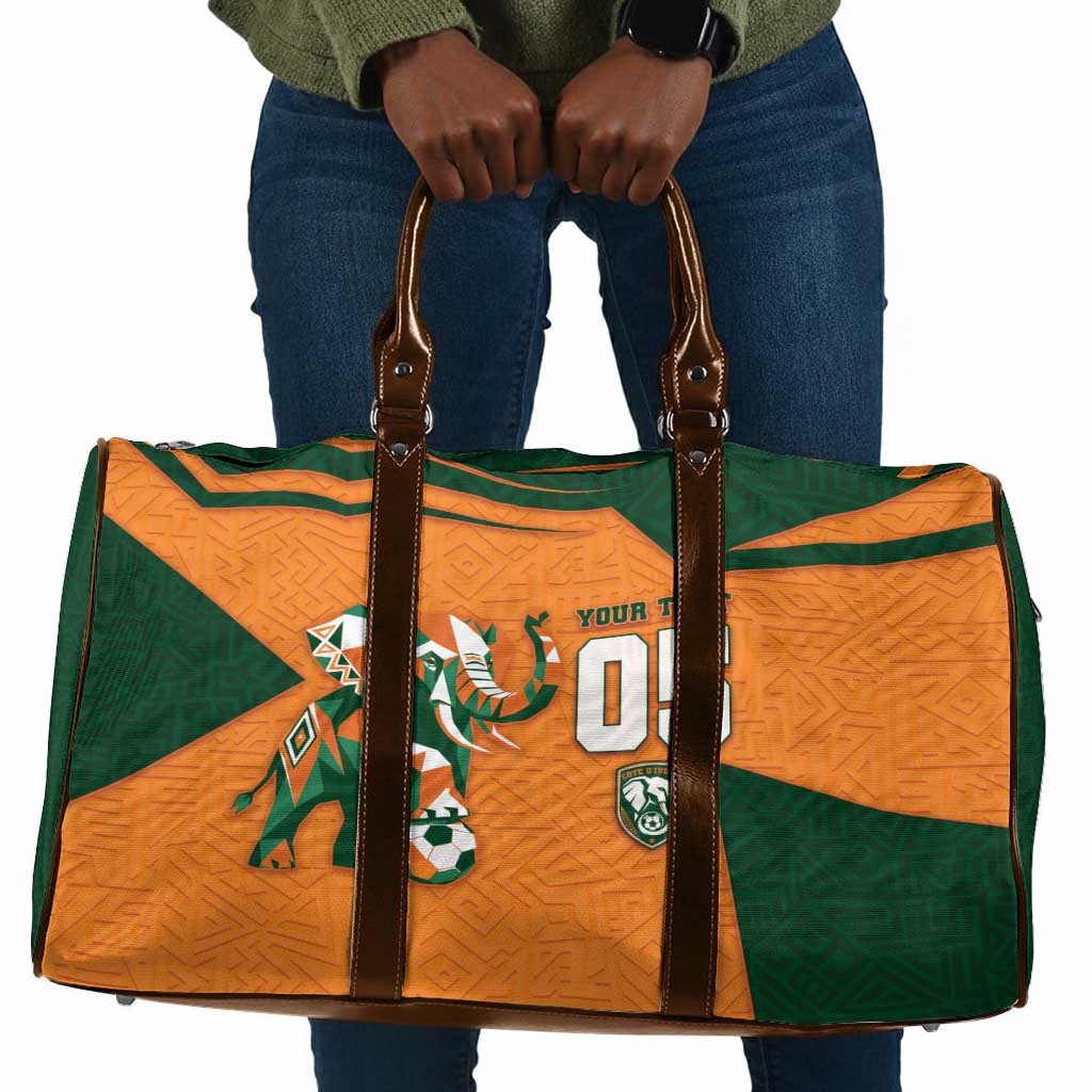 Custom Ivory Coast Football Travel Bag Elephant Geometric African Art Style