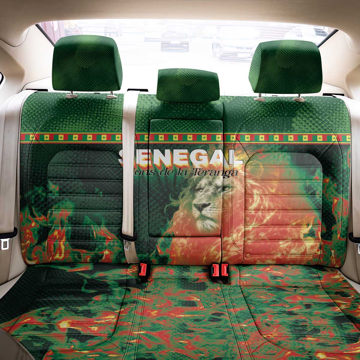 Senegal Football Back Car Seat Cover Fiery Lion Halftone Mix Gradient Map Style