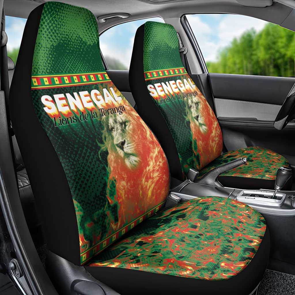 Senegal Football Car Seat Cover Fiery Lion Halftone Mix Gradient Map Style