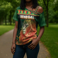 Custom Senegal Football Cross Shoulder Shirt Fiery Lion Halftone Mix Gradient Map Style