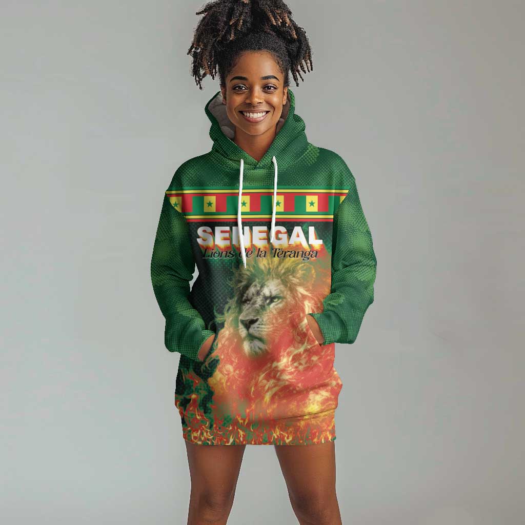 Custom Senegal Football Hoodie Dress Fiery Lion Halftone Mix Gradient Map Style