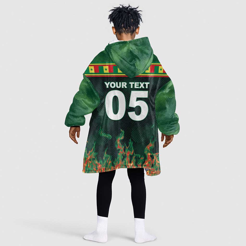 Custom Senegal Football Kid Wearable Blanket Hoodie Fiery Lion Halftone Mix Gradient Map Style