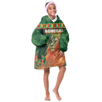 Custom Senegal Football Kid Wearable Blanket Hoodie Fiery Lion Halftone Mix Gradient Map Style