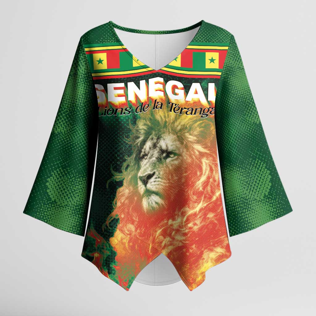 Custom Senegal Football Kimono Sleeve Blouse Fiery Lion Halftone Mix Gradient Map Style
